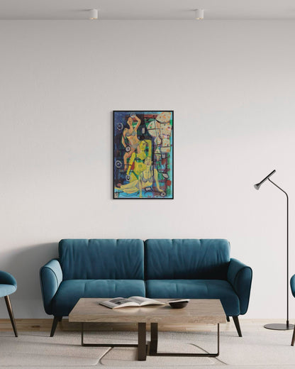 Modern living room with a blue sofa, wooden coffee table, and colorful abstract painting on the wall.