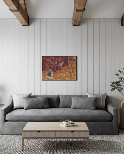 Living room with a gray sofa, wooden coffee table, and abstract painting on the wall.