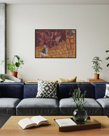 Modern living room with a blue sofa, coffee table, and wall art.