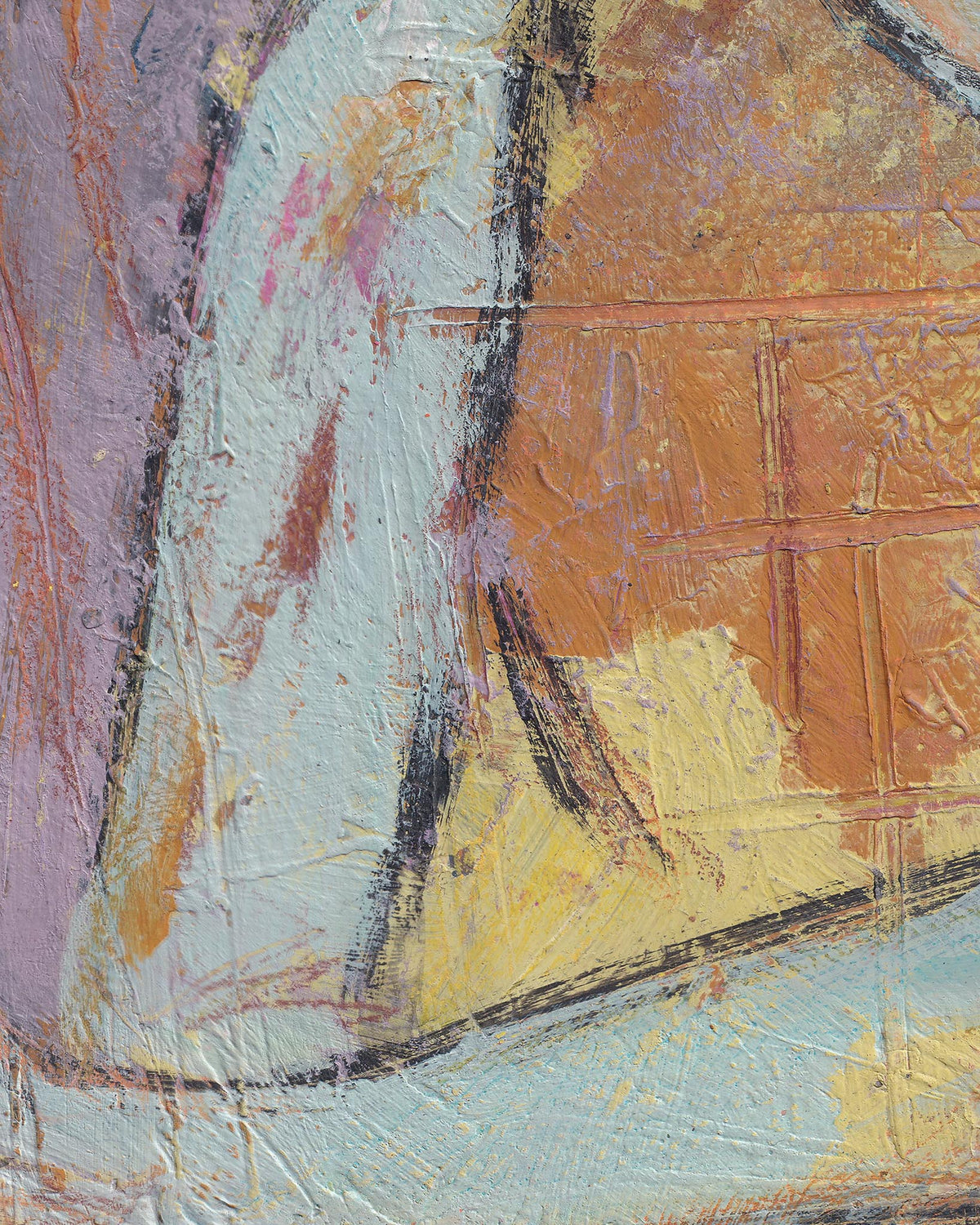 Abstract art with textured brushstrokes in brown, yellow, and purple.