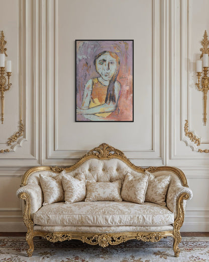 Decorative sofa with intricate gold detailing in a room with a painting on the wall.