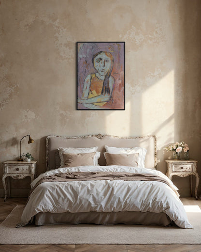 Neatly made bed in a bedroom with a painting on the wall.