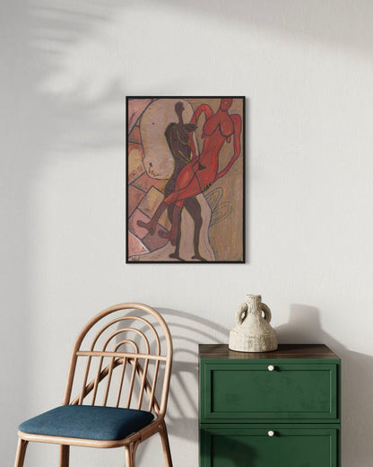 Framed artwork on a wall above a chair and green cabinet