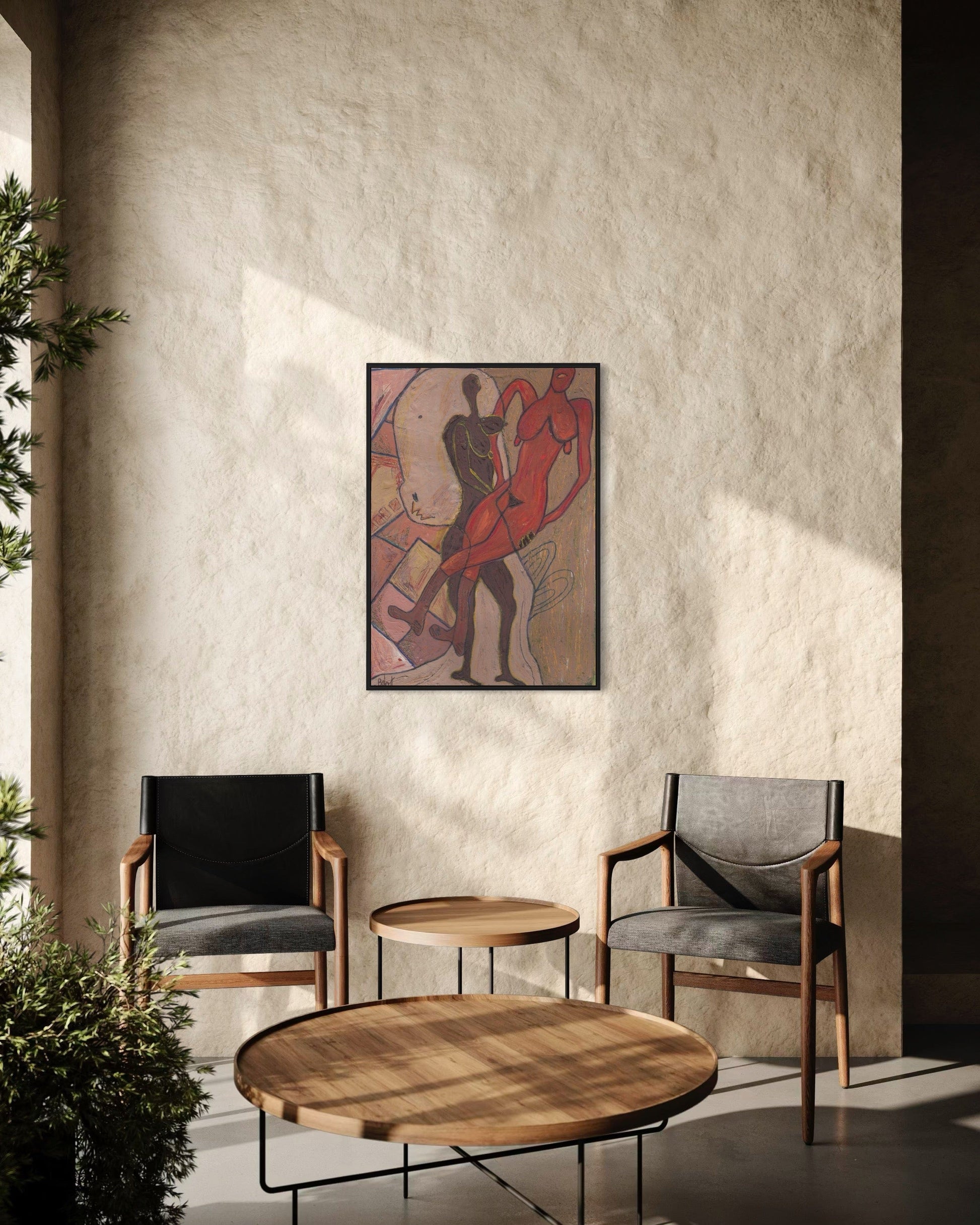 Modern living room with two chairs, a coffee table, and a wall art piece.