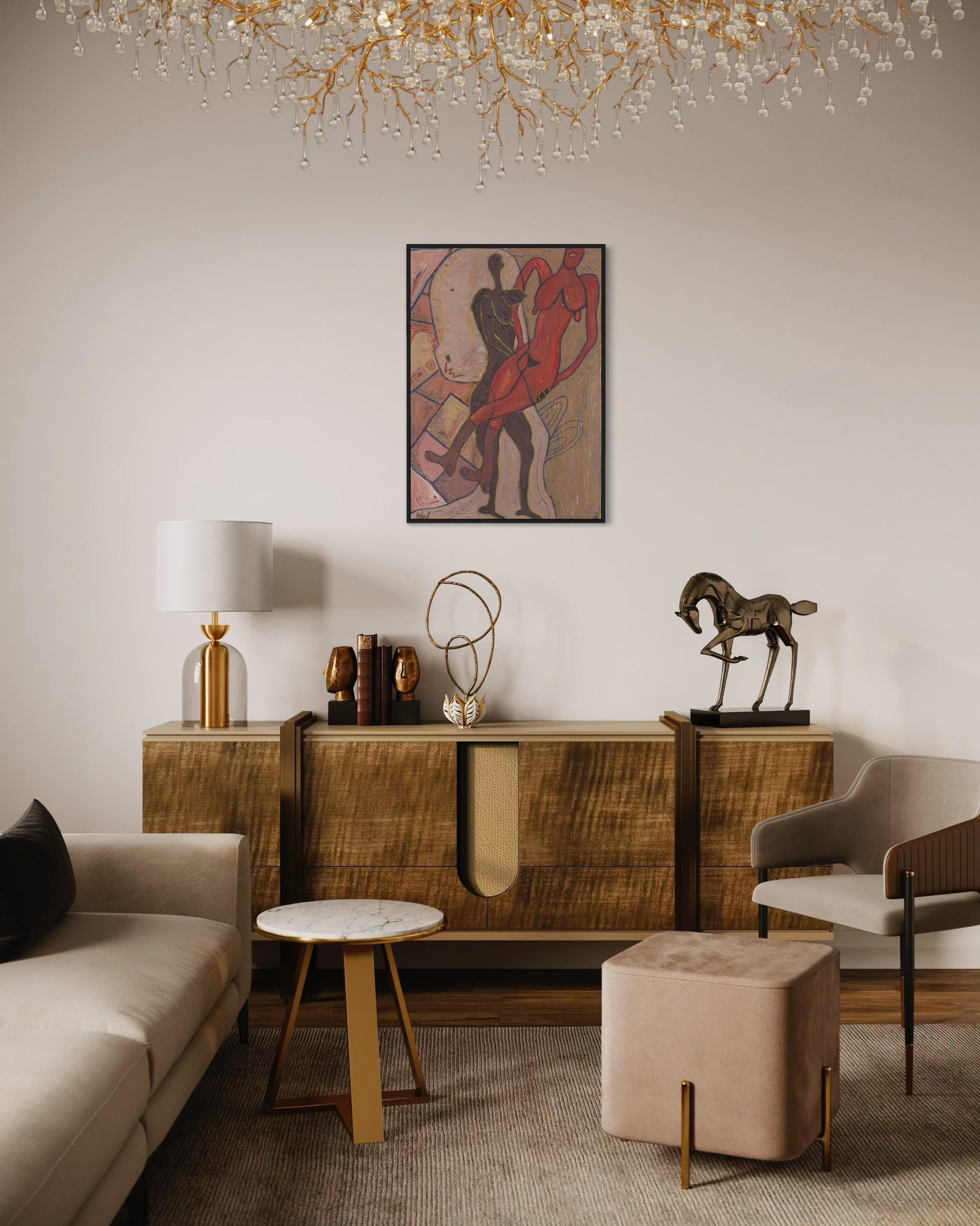 Modern living room with a wooden console table, decorative items, and a chandelier.