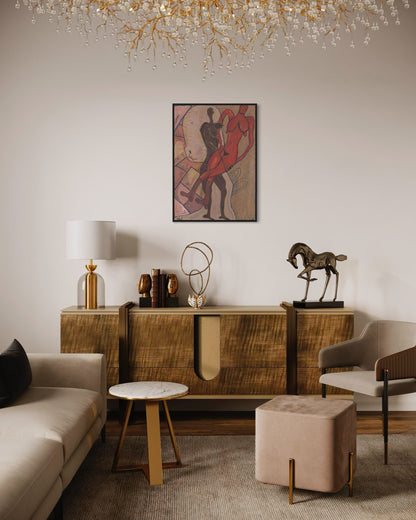 Modern living room with a wooden console table, decorative items, and a chandelier.