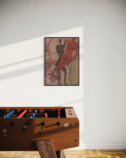 Wooden foosball table with a framed artwork on the wall above it.