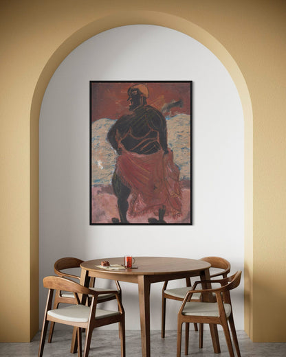 Dining room with wooden table and chairs, framed artwork on the wall.