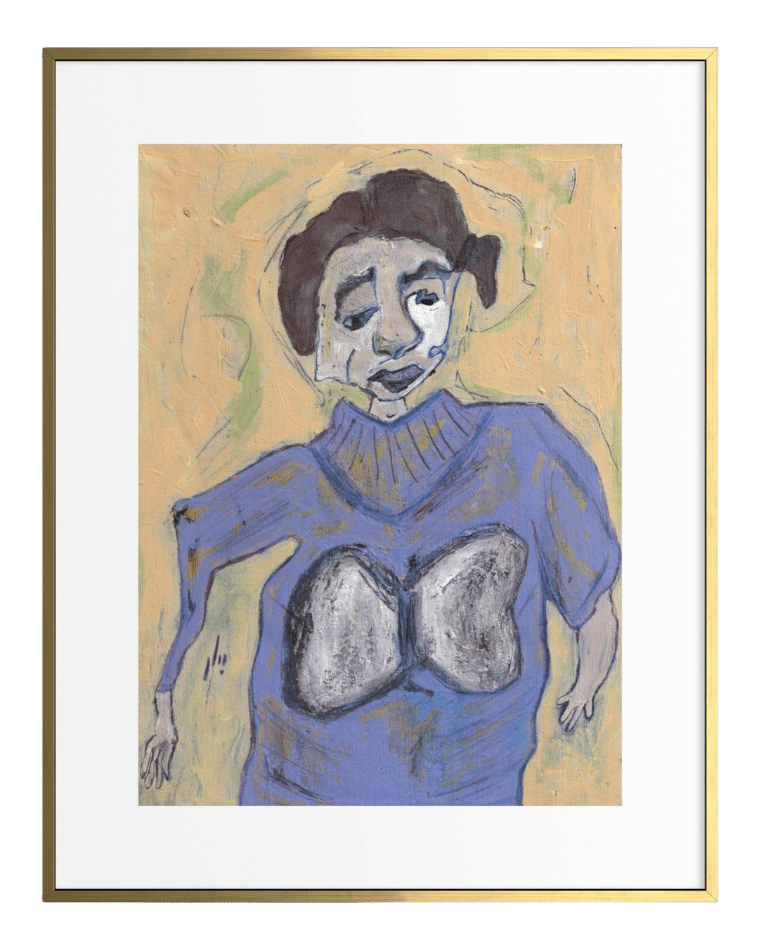 Framed artwork of a stylized figure wearing a blue sweater with a large gray emblem on a beige background.
