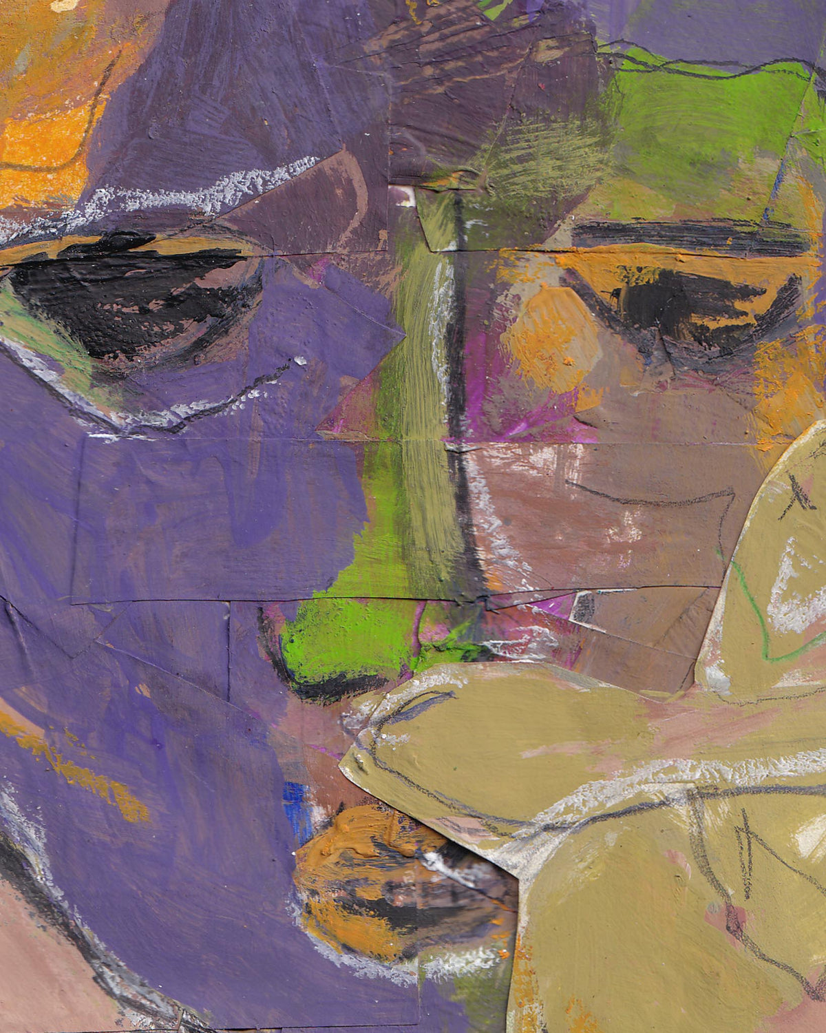 Abstract art piece with a mix of purple, green, yellow, and brown colors.