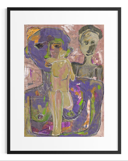 Abstract artwork with two figures in a colorful frame