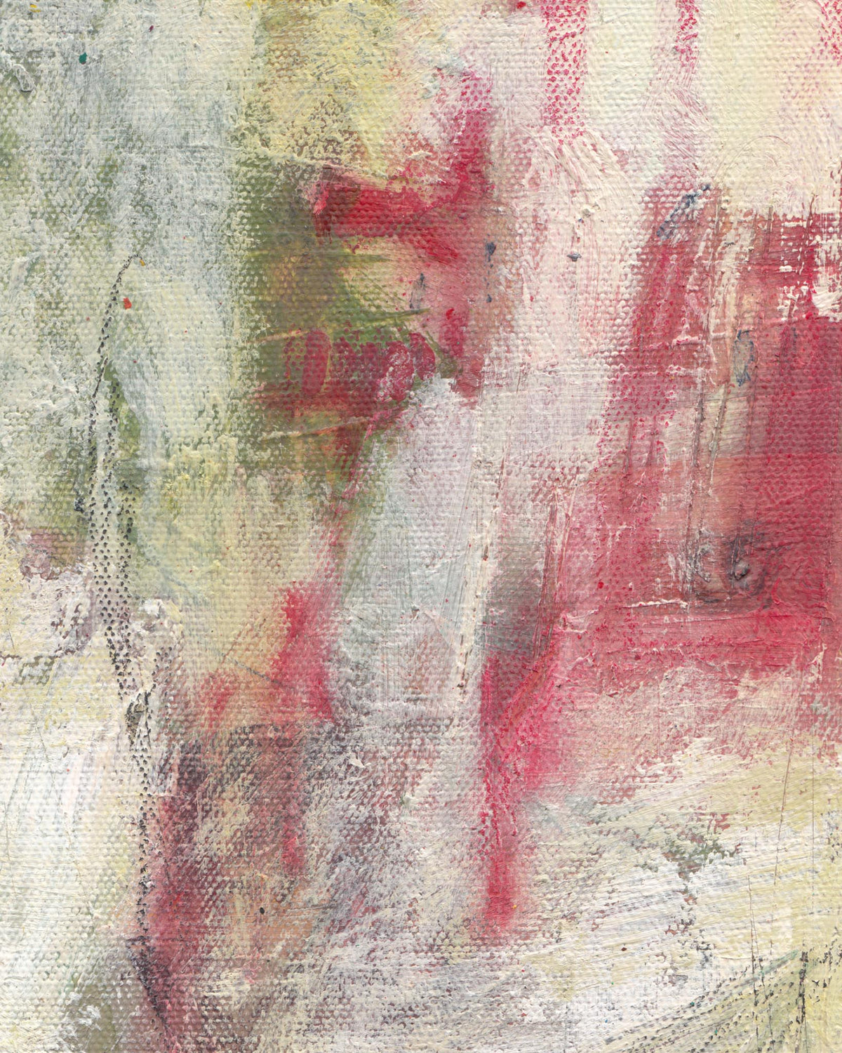 Abstract art with red, green, and beige colors on a textured surface