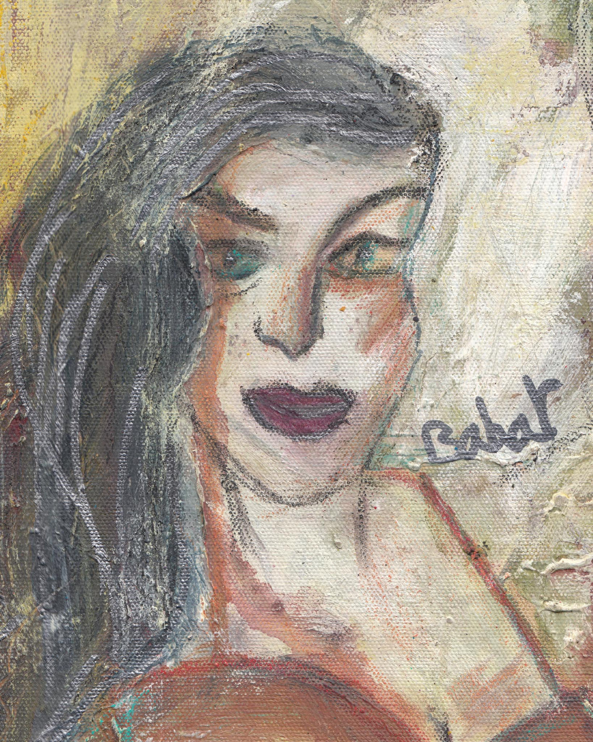 Artistic depiction of a woman's face with textured background
