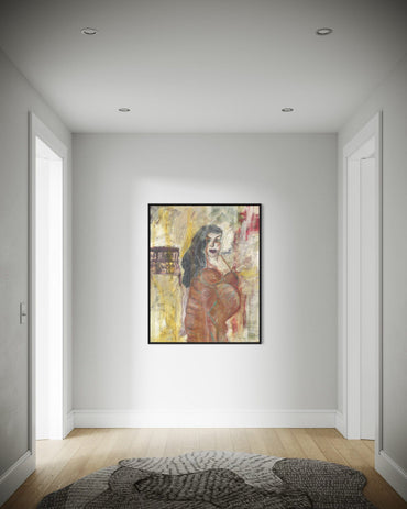 Framed artwork on a white wall in a minimalistic room with wooden flooring.