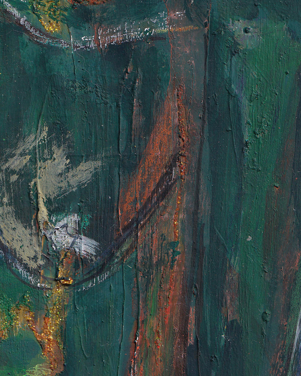 Abstract art with green, orange, and brown colors