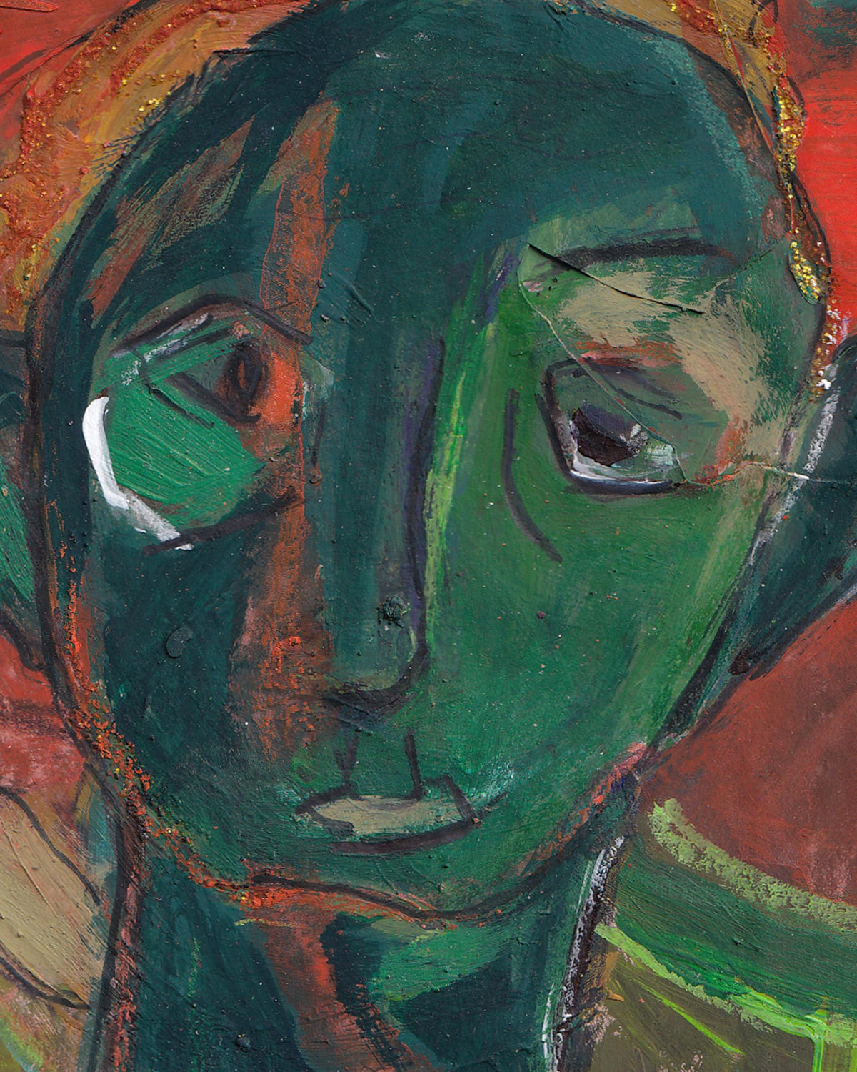 Abstract painting of a face with green and brown tones on a red background