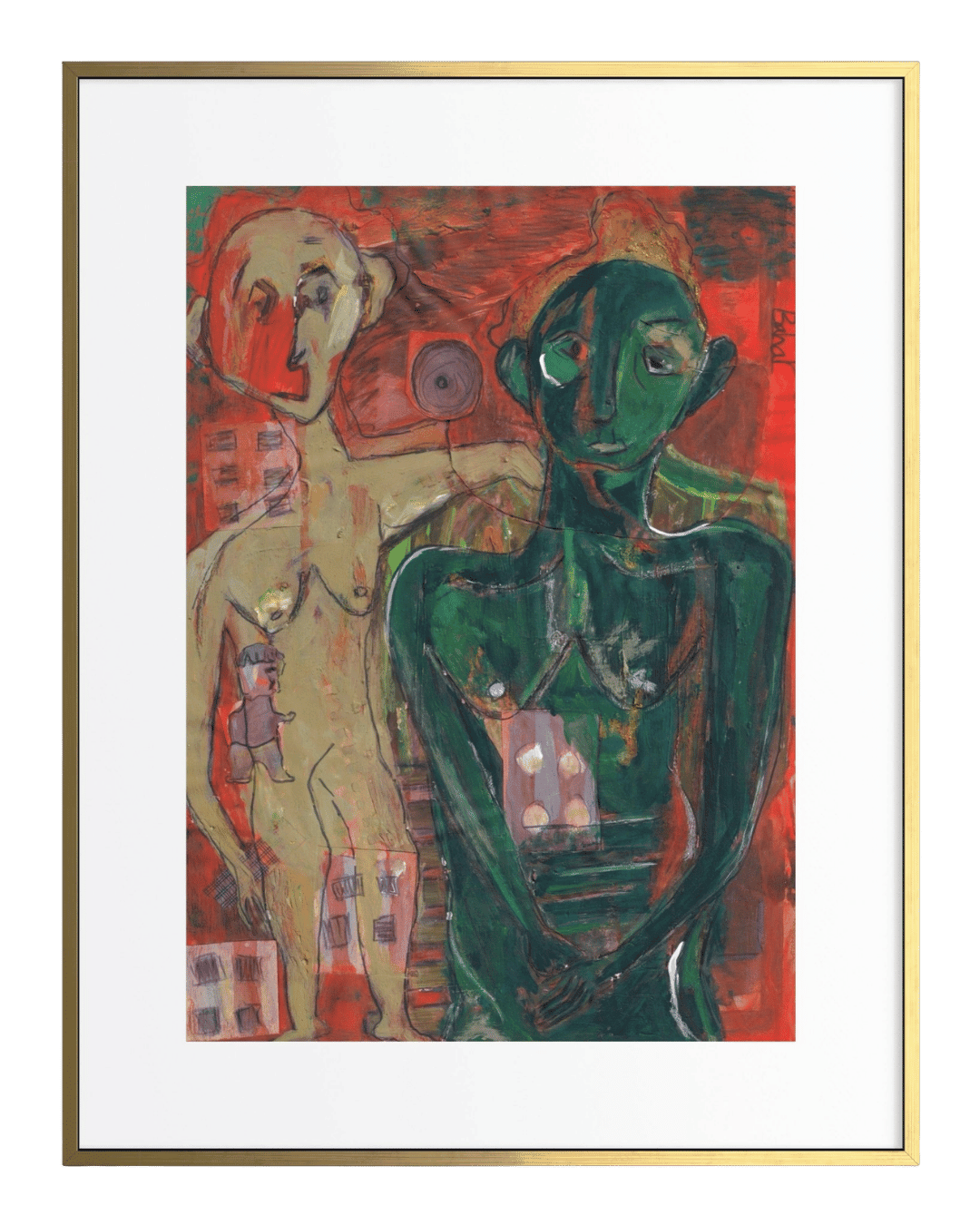 Abstract artwork with two figures, one green and one beige, against a red background.
