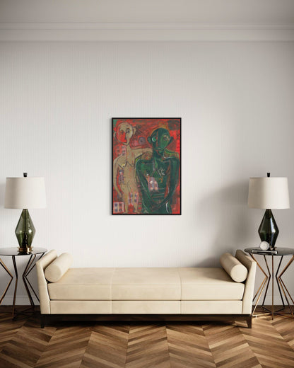 Modern living room with a beige sofa, two lamps on side tables, and a colorful abstract painting on the wall.