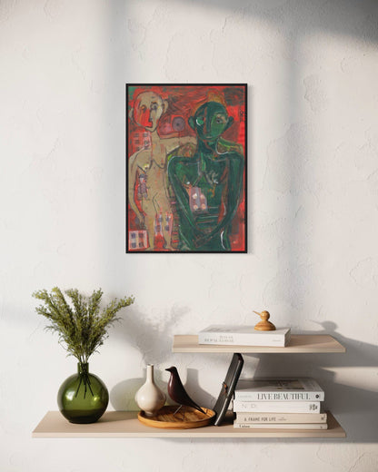 Framed abstract artwork on a wall above a shelf with decorative items.