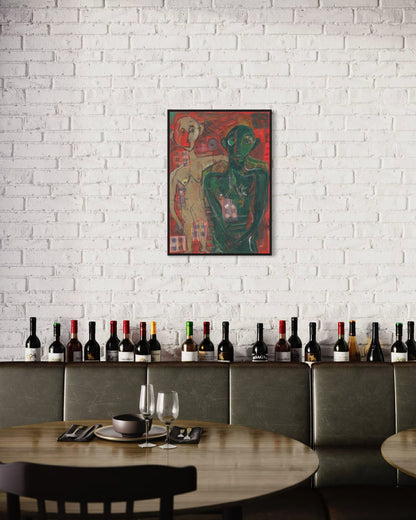Dining area with a painting of two figures on a white brick wall, wine bottles on a shelf, and a table set with cutlery.