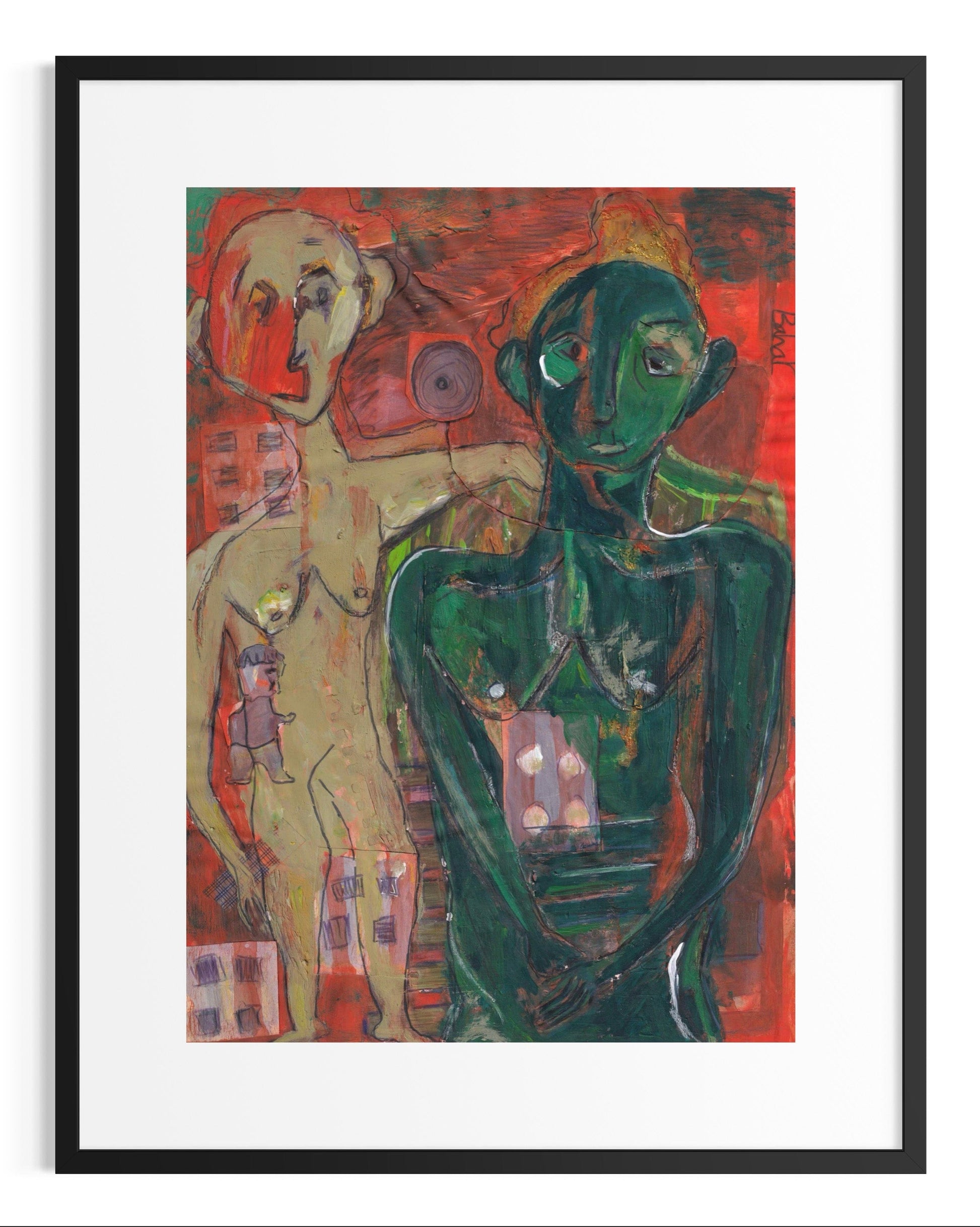 Framed abstract artwork with two figures in green and beige against a red background