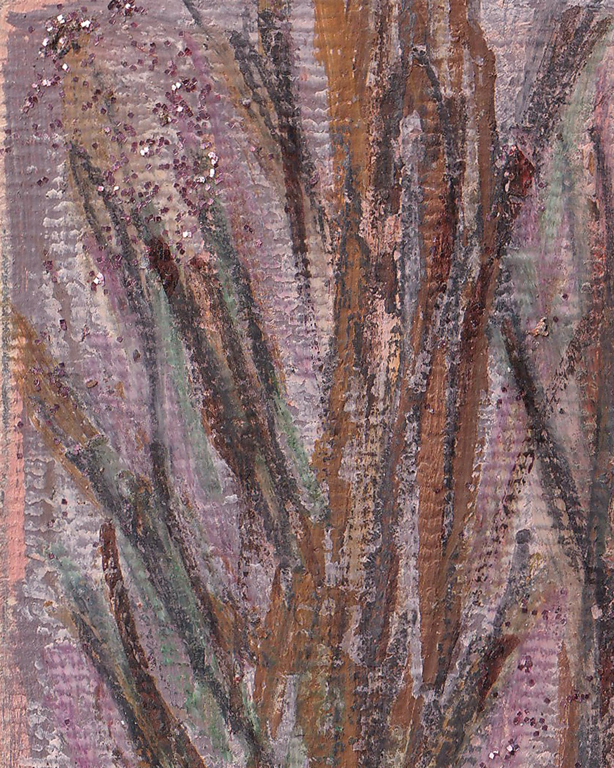 Abstract artwork with textured brushstrokes in brown, green, and purple on a textured background.