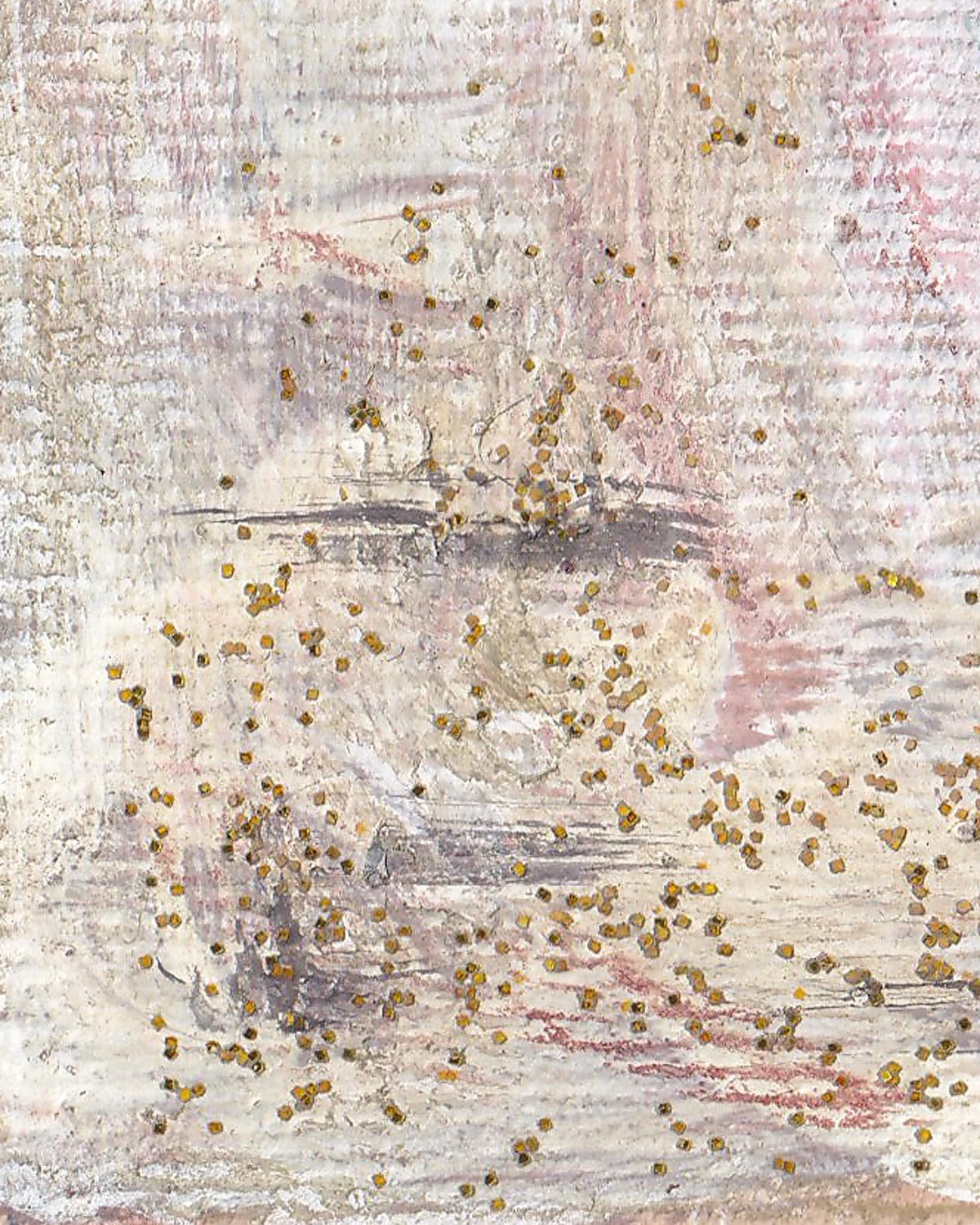 Abstract art with textured surface and scattered gold dots