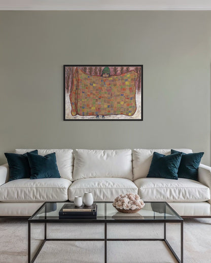 Living room with a white sofa, glass coffee table, and colorful abstract painting on the wall.