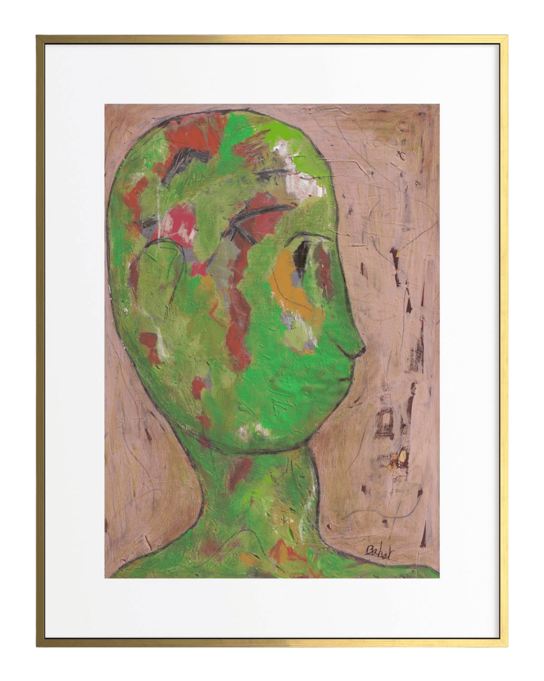 Abstract painting of a stylized face with green and red colors on a beige background.