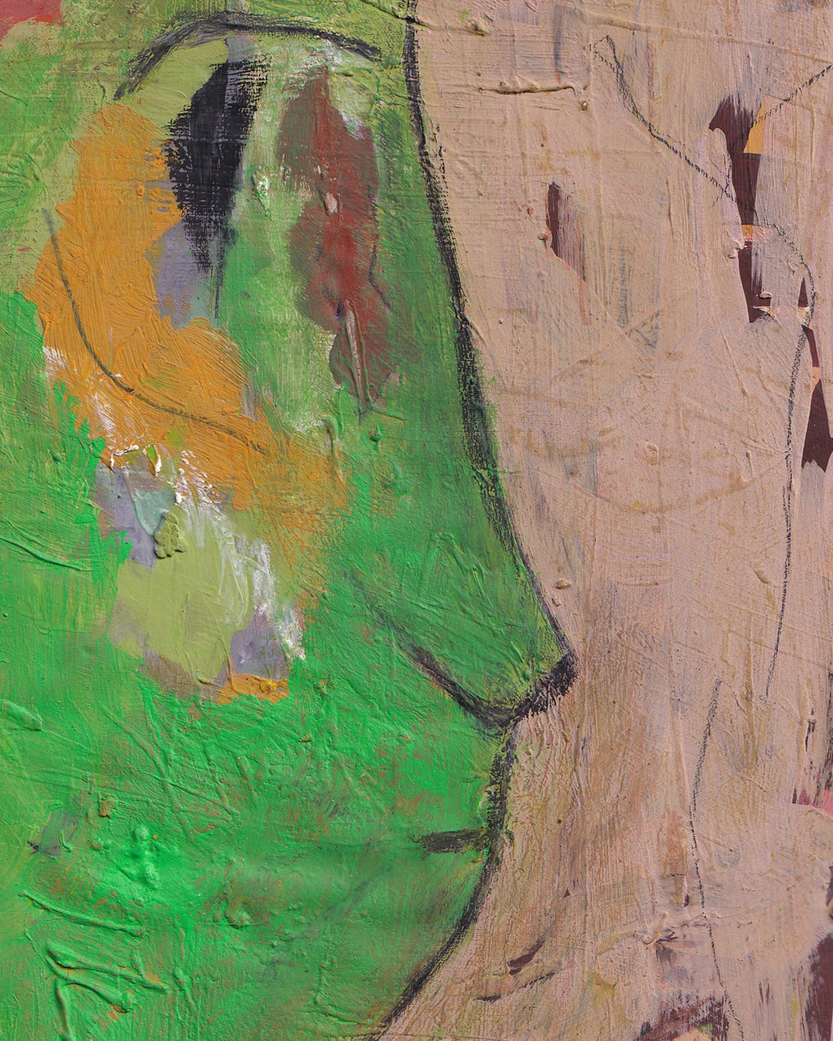 Abstract painting of a face with green, yellow, and brown colors on a textured background.