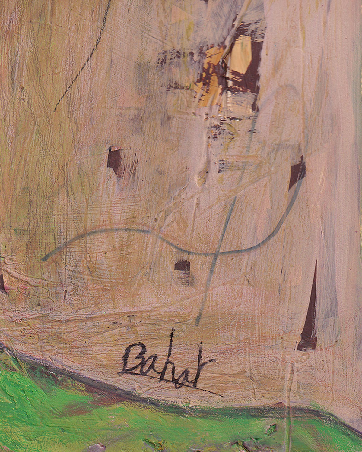 Close-up of a textured surface with a signature at the bottom right corner