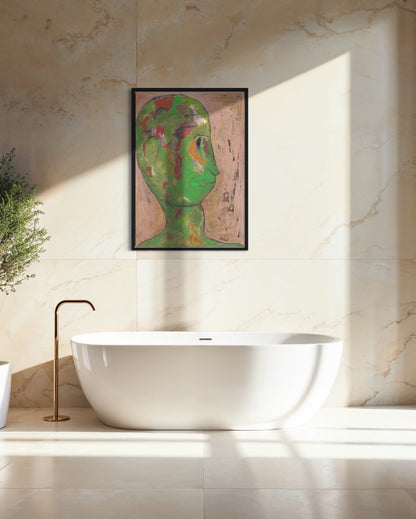 Bathroom with a freestanding bathtub and abstract painting on the wall.