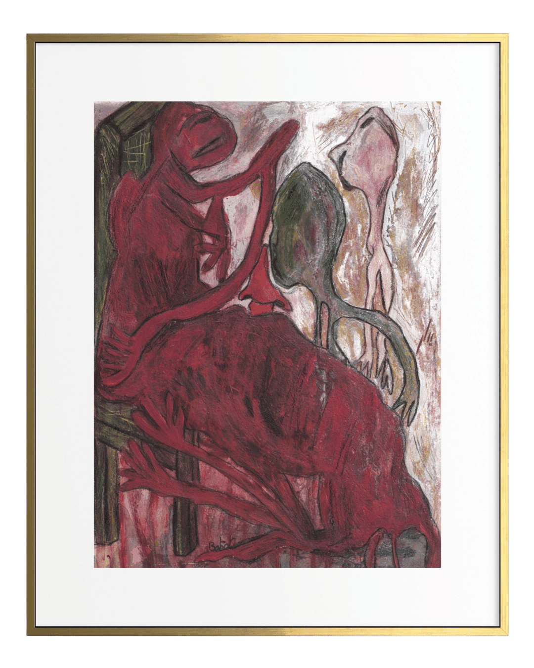 Abstract artwork with red and brown tones on a white background