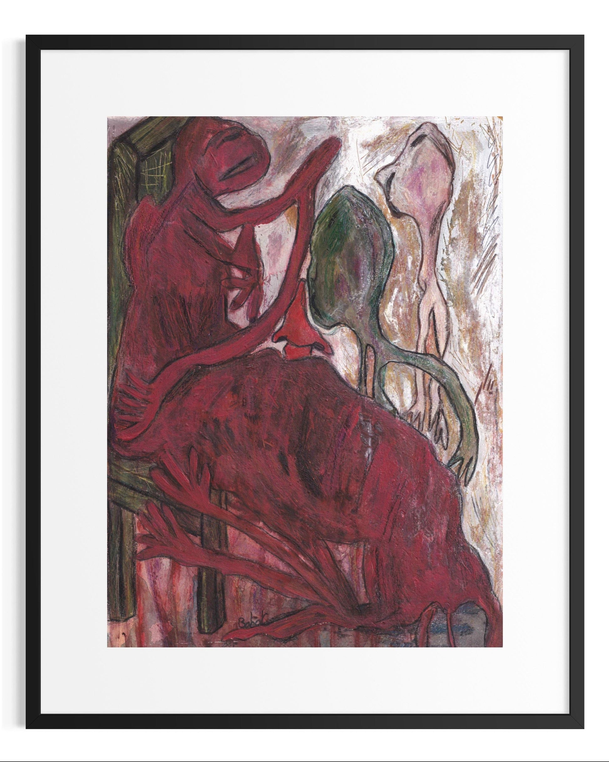 Abstract artwork with red and brown tones on a white background