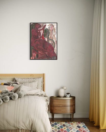 Bedroom with a colorful abstract painting on the wall, wooden nightstand, and bed with pillows.