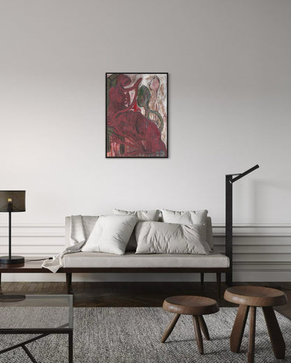 Living room with a sofa, ottomans, and a painting on the wall.