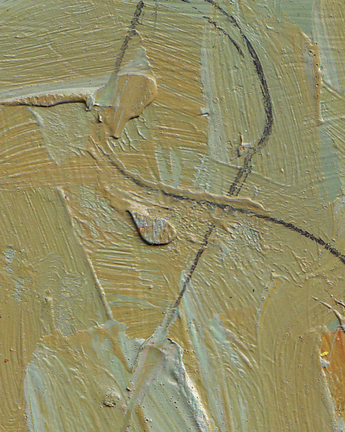 Close-up of a textured painting with beige and brown tones