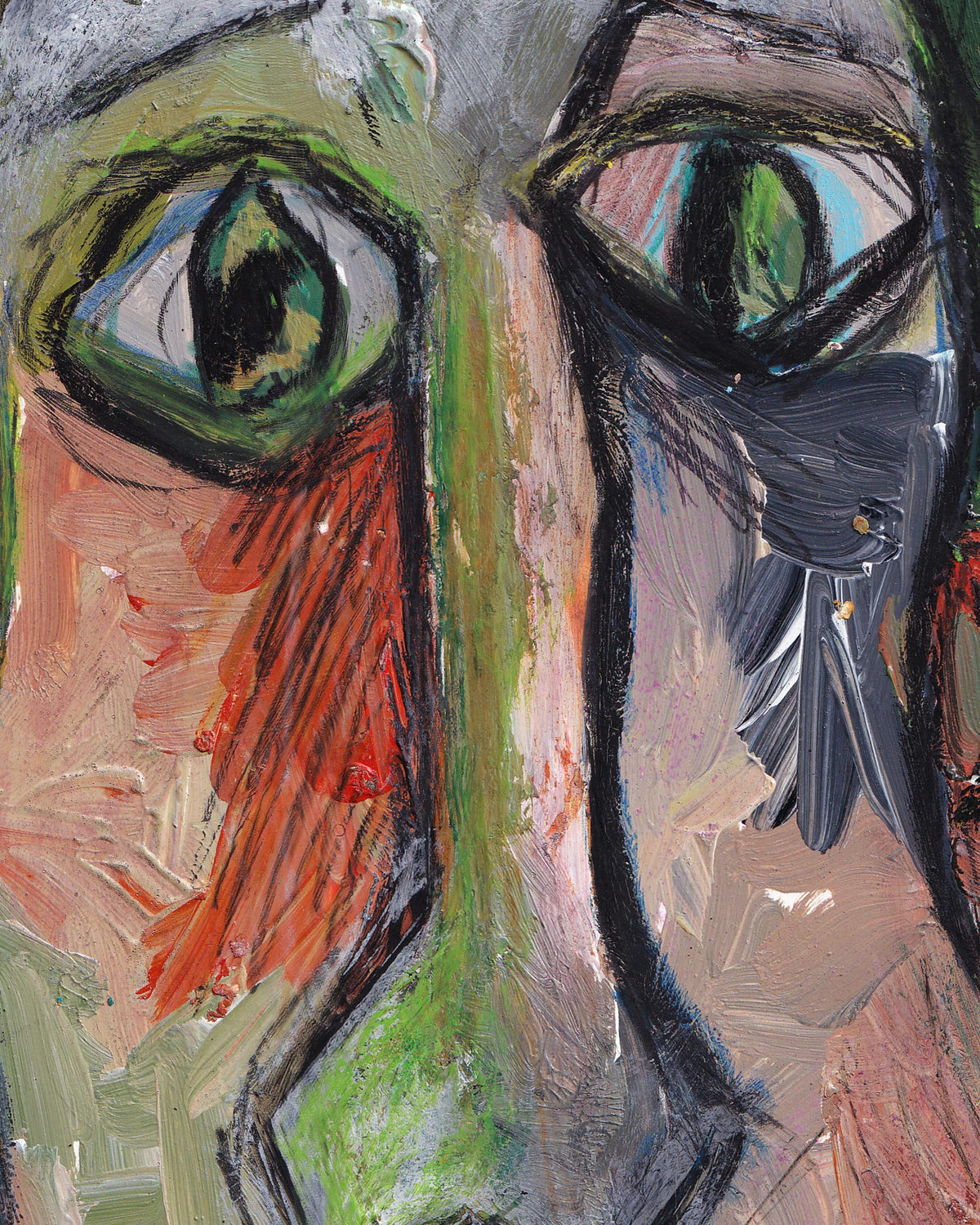 Abstract painting of a face with large eyes and a mouth.