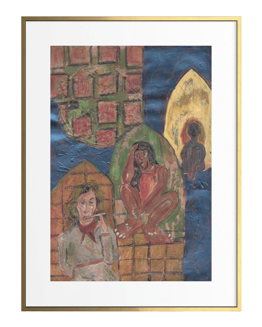 Framed artwork depicting two figures in a stylized setting with a building and moon in the background.