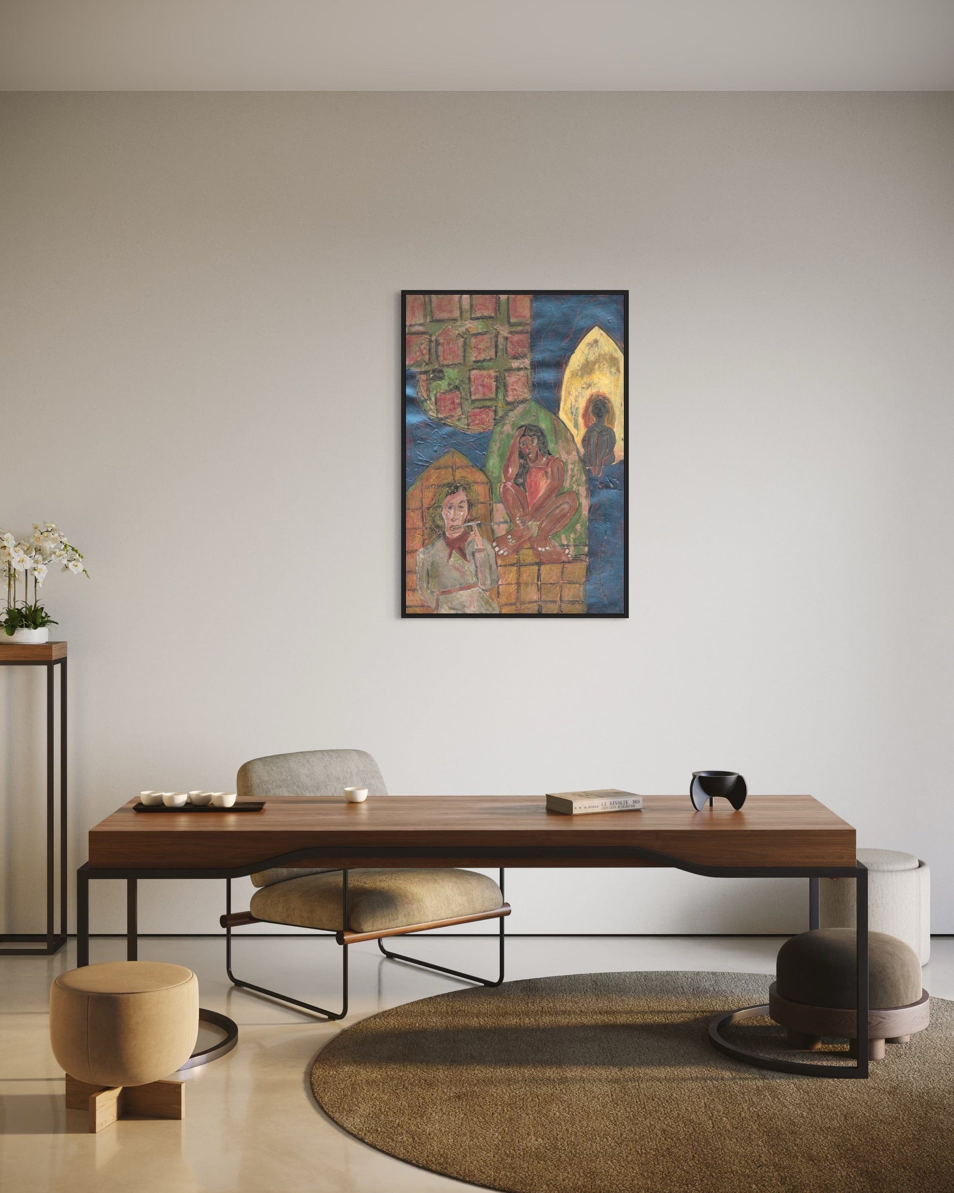 Modern interior with a wooden desk, chairs, and a colorful abstract painting on the wall.