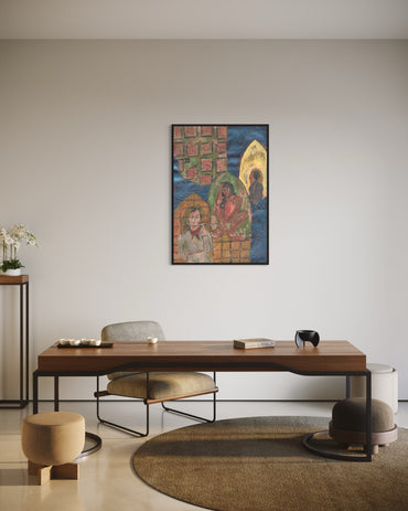 Modern interior with a wooden desk, chairs, and a colorful abstract painting on the wall.