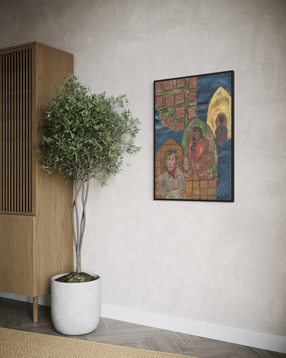 Room interior with a plant, wooden cabinet, and framed artwork on the wall.