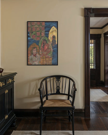 Room interior with a chair, decorative painting on the wall, and a mirror.