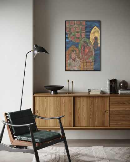 Modern living room with wooden cabinet, black chair, and colorful painting on wall.