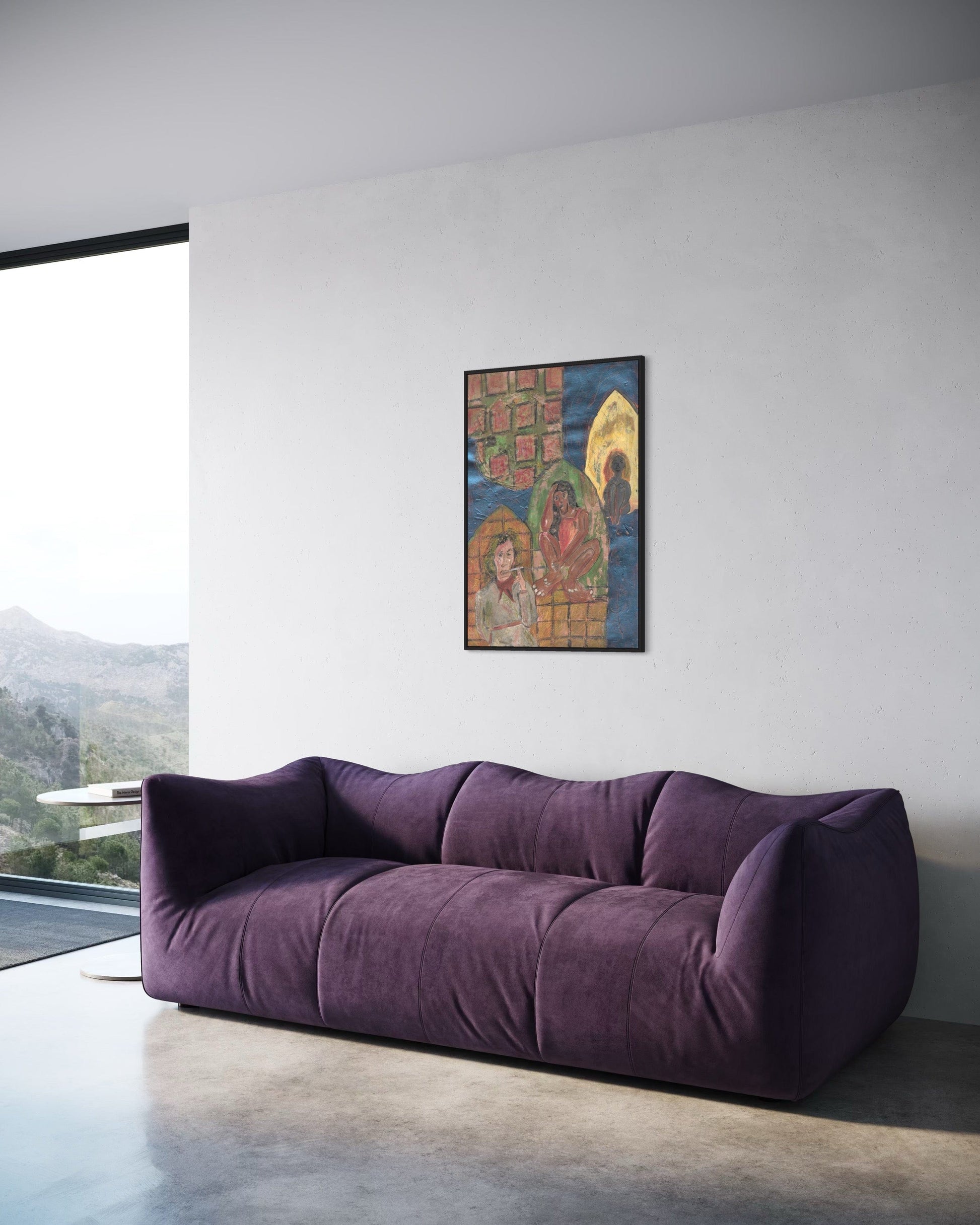 Purple sofa in a modern living room with a colorful painting on the wall.