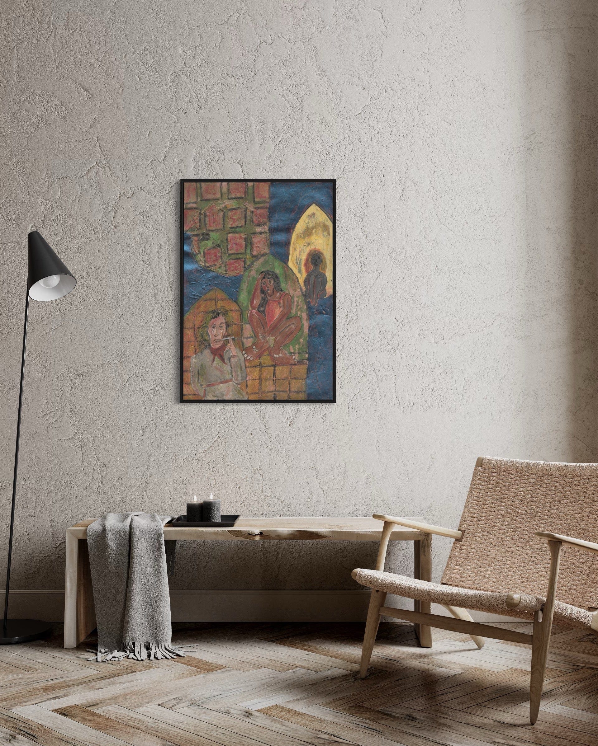Living room with a painting on the wall, a chair, and a lamp.