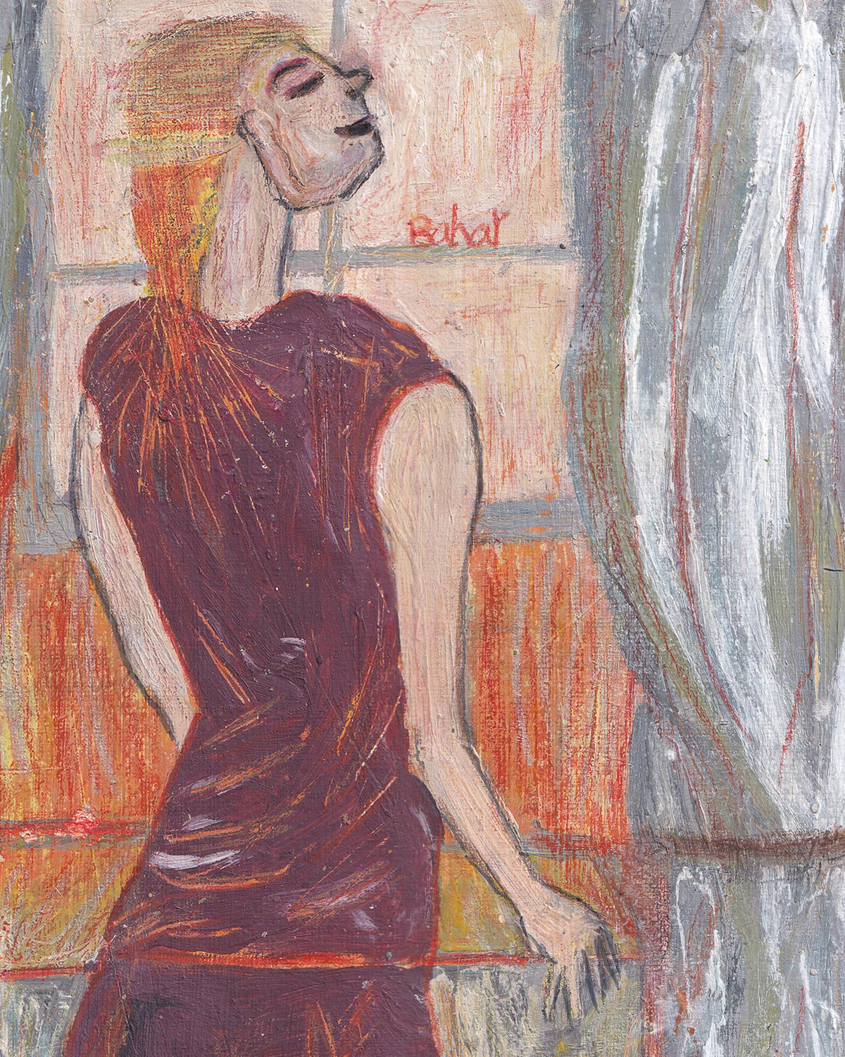 Artistic depiction of a person wearing a red garment with abstract background