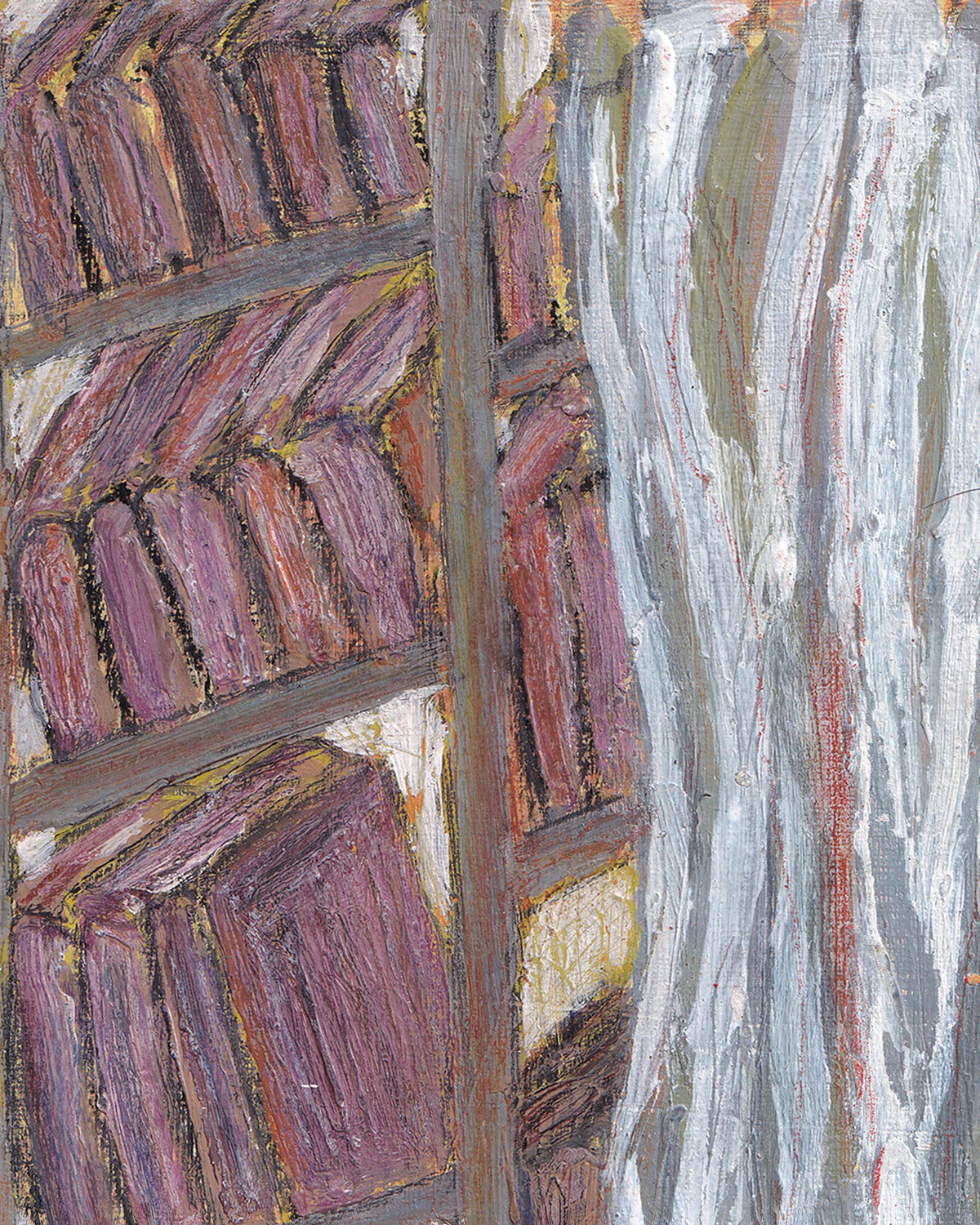 Abstract art with textured brushstrokes in purple, brown, and gray.