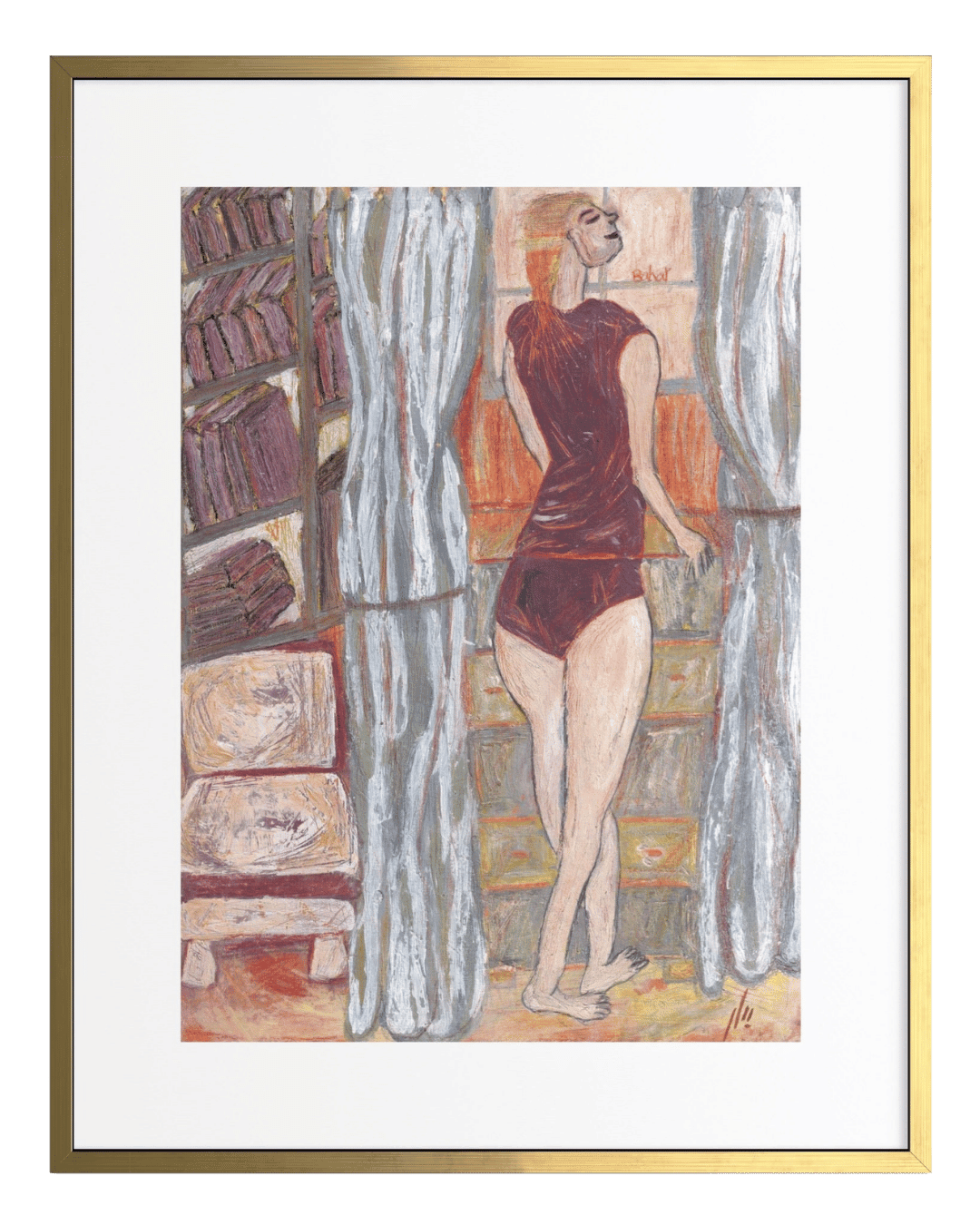 Artistic depiction of a person in a red dress standing in front of a textured wall with curtains.