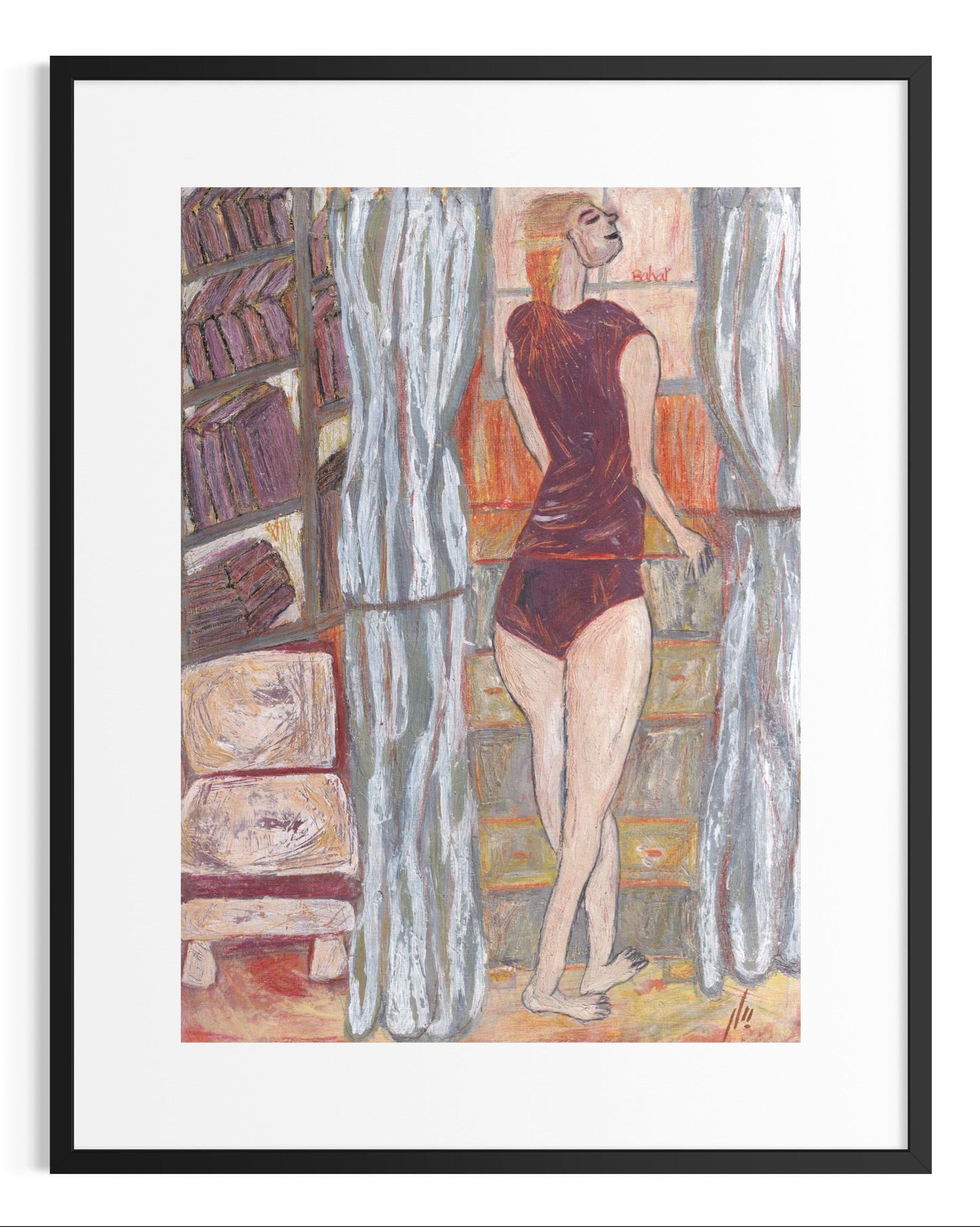 Framed artwork of a woman in a red dress standing between two curtains.